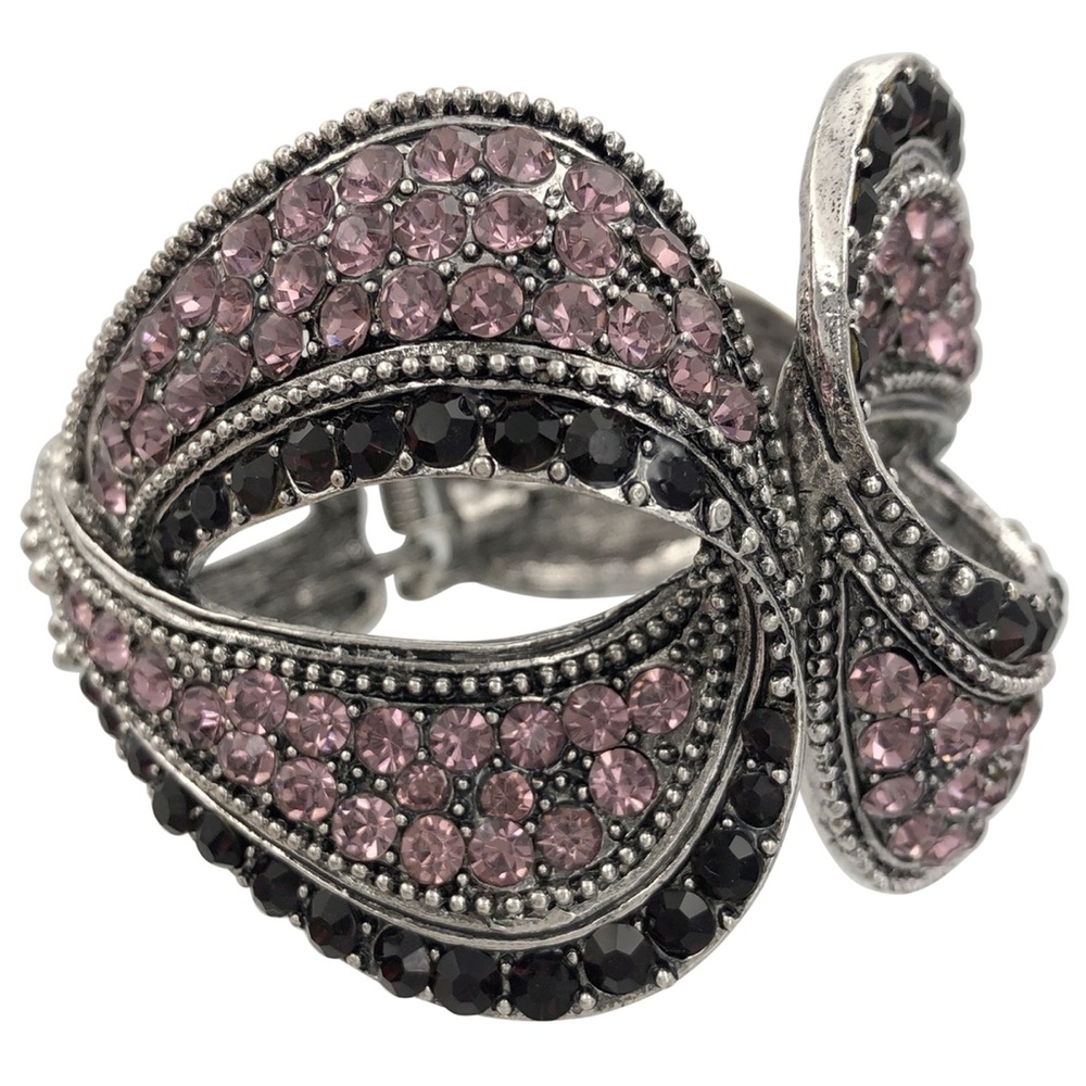 Purple Lavender Rhinestone Silver Chunky Statement Large Hinged Bangle Bracelet